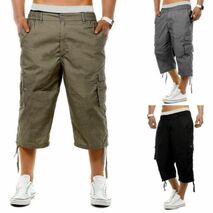 Men's Casual Combat Cargo Shorts 3/4 Sport Pants Beach Elastic Waist Safari Style Trousers US