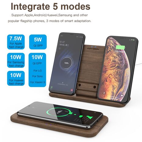 KEYSION 5 Coils Dual Wireless Charger Stand/Pad convertible Qi Fast Charging for iPhone 11 XS Max XR Samsung AirPods Xiaomi Mi9