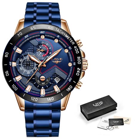 LIGE Fashion Business Blue Mens Watches Top Brand Luxury Clock Male Military All Steel Waterproof Quartz Watch Relogio Masculino